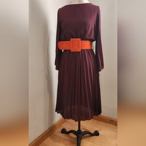 🇮🇹Italian Designer DIXIE Burgundy Pleated Long Sleeve Dress with Belt SIZE M